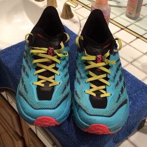 Hoka One One Teal and Black Sneakers with Yellow Laces